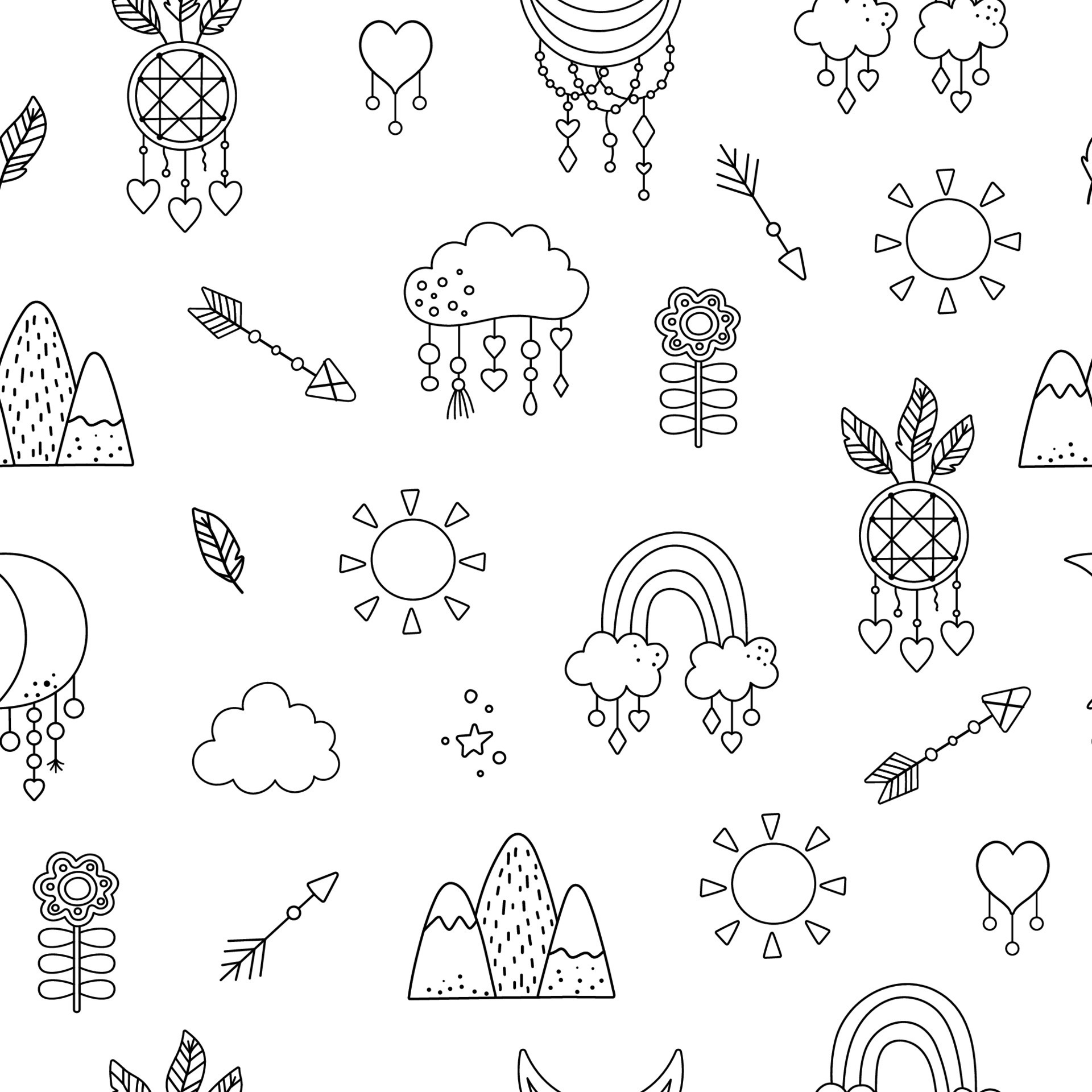Vector black and white boho ornament. Bohemian line seamless pattern