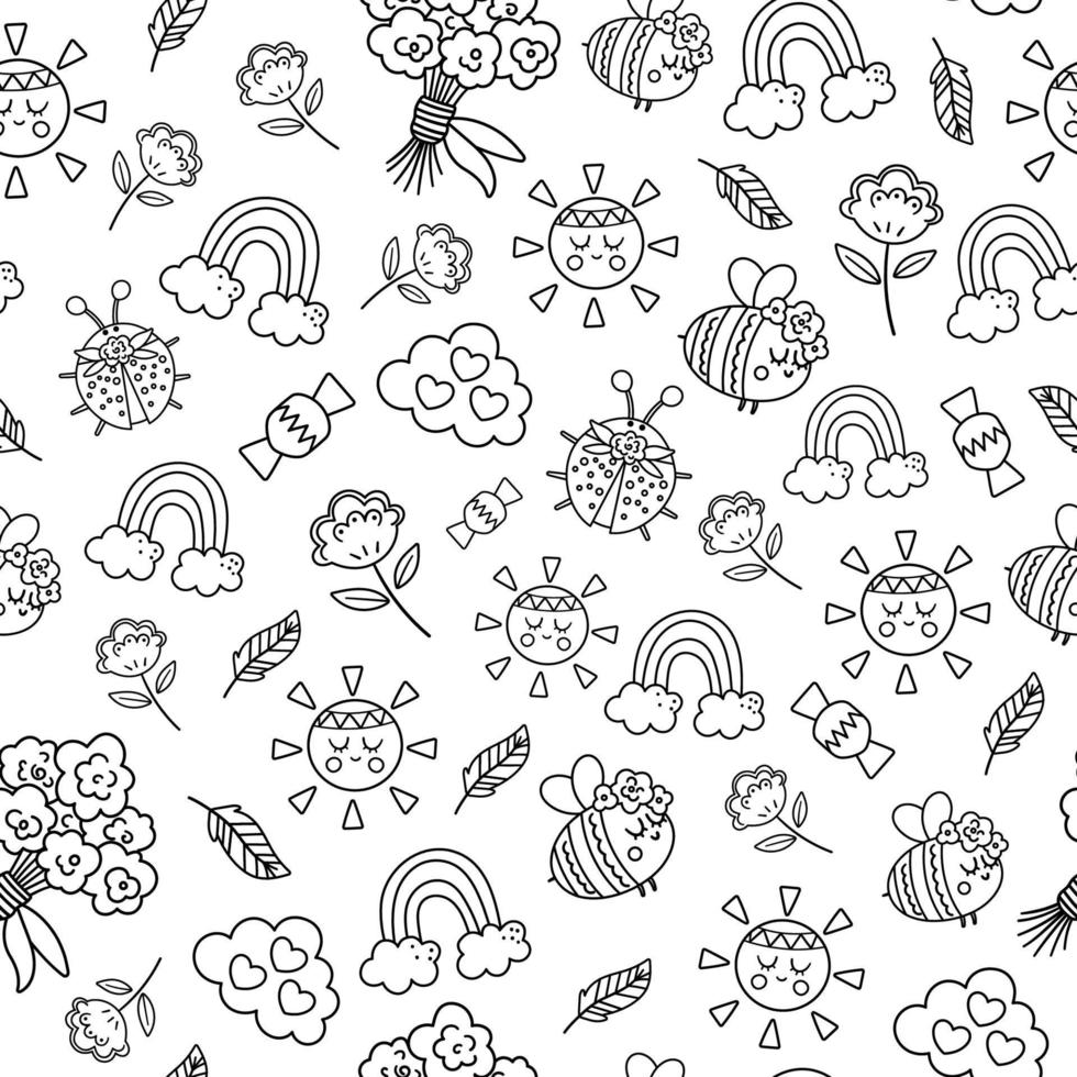 Vector boho black and white ornament. Bohemian seamless pattern with kawaii sun, flowers, rainbow. Wild and free or holiday background. Ethnic tribal digital paper for kids or coloring page