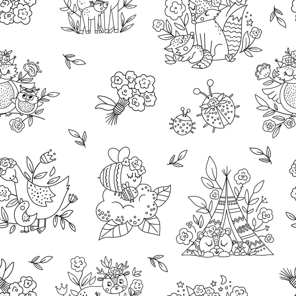 Vector black and white seamless pattern with flowers, cute boho baby animals and parents. Funny woodland animal repeating background. Line Mothers Day digital paper.