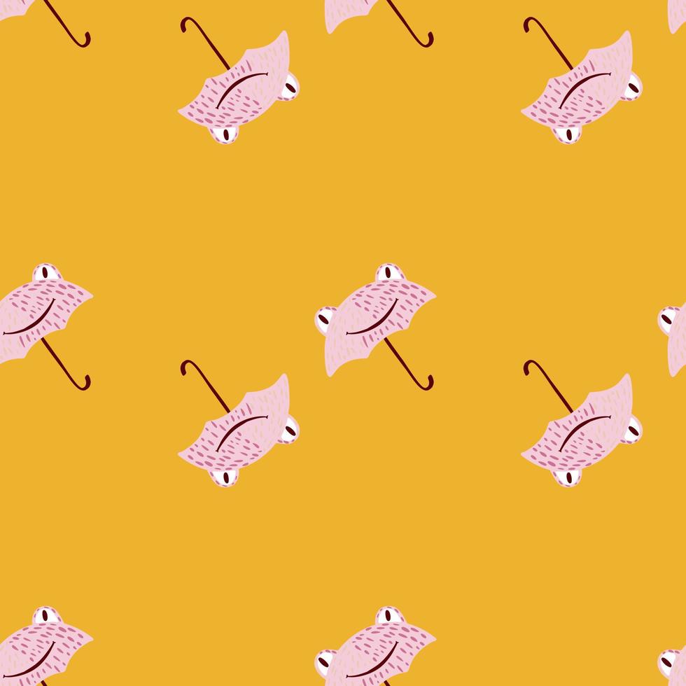 Seamless pattern cute frog umbrella. Background of funny accessory shape head toad in doodle style. vector