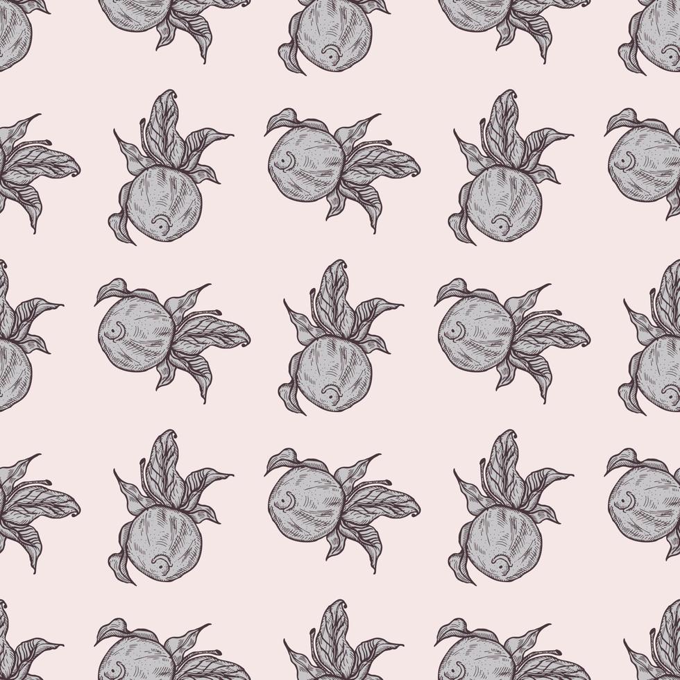 Seamless pattern engraved lemon on twig with leaves. Vintage background citrus fruit on branch in hand drawn style. vector
