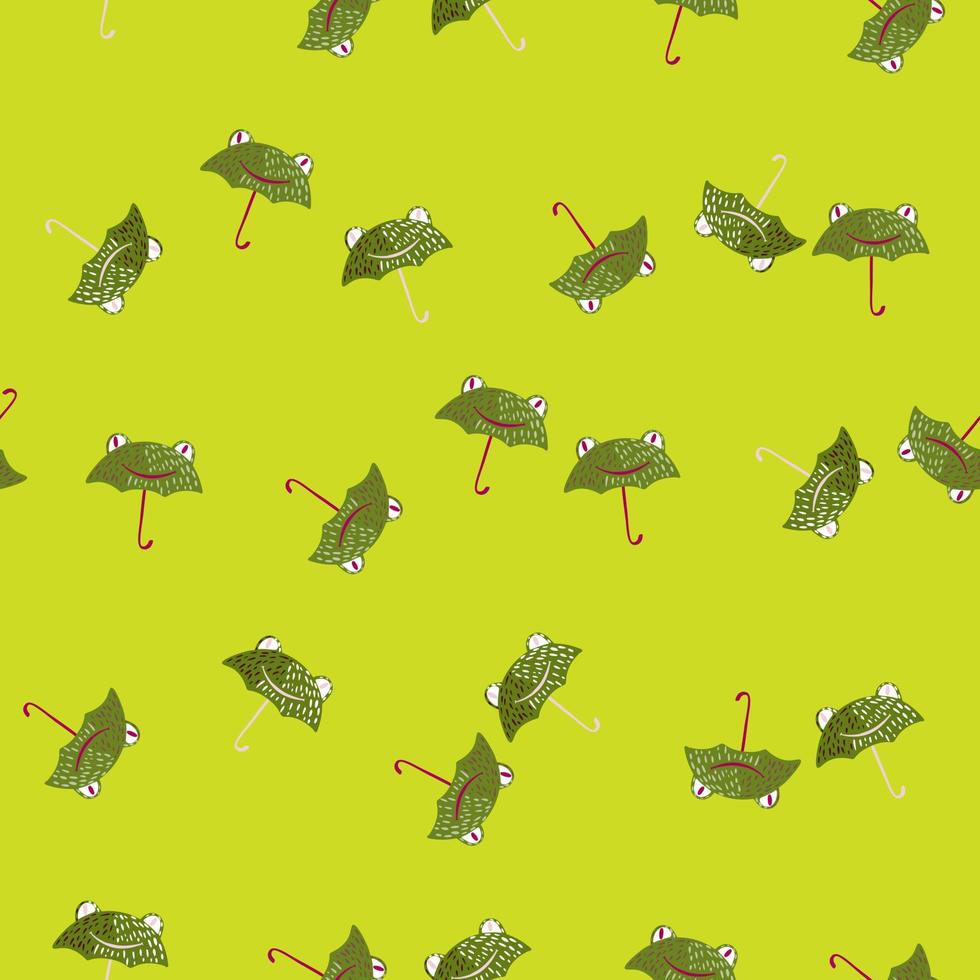 Seamless pattern cute frog umbrella. Background of funny accessory shape head toad in doodle style. vector