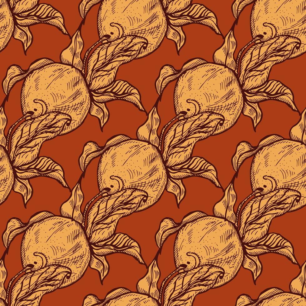 Seamless pattern engraved lemon on twig with leaves. Vintage background citrus fruit on branch in hand drawn style. vector