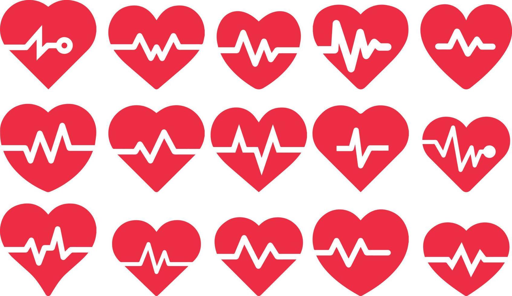 Red heart with beat set. Heart sign inside pulse collection. vector