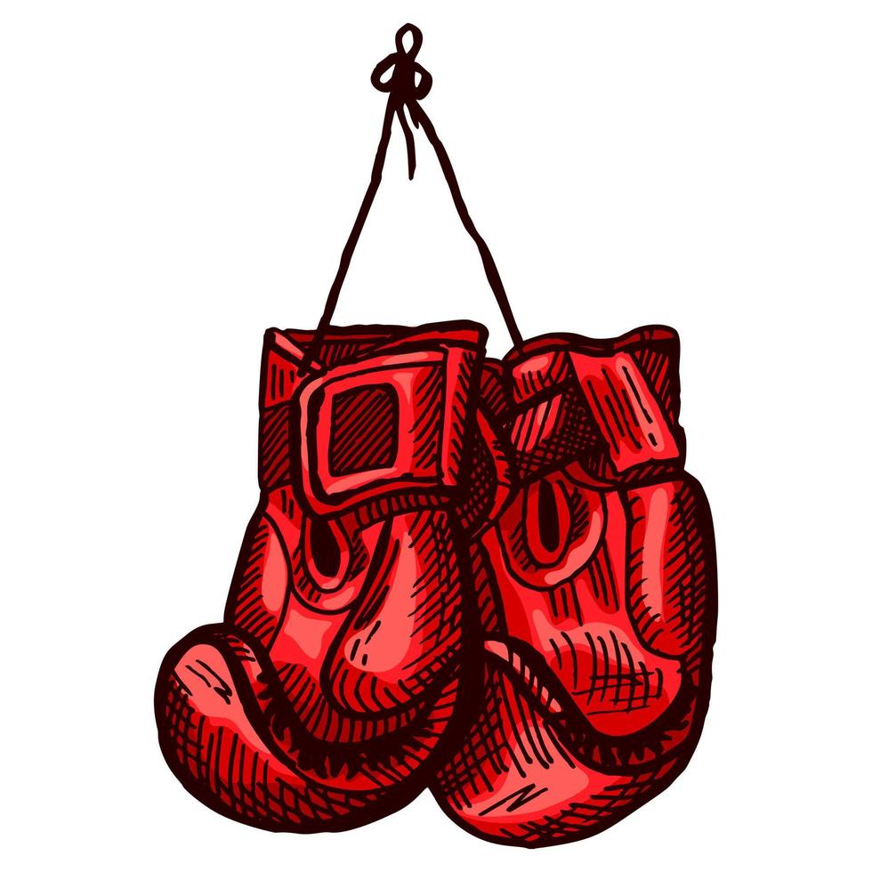 Red boxing gloves sketch hanging in isolated white background. Vintage sporting equipment for kickboxing in engraved style. vector