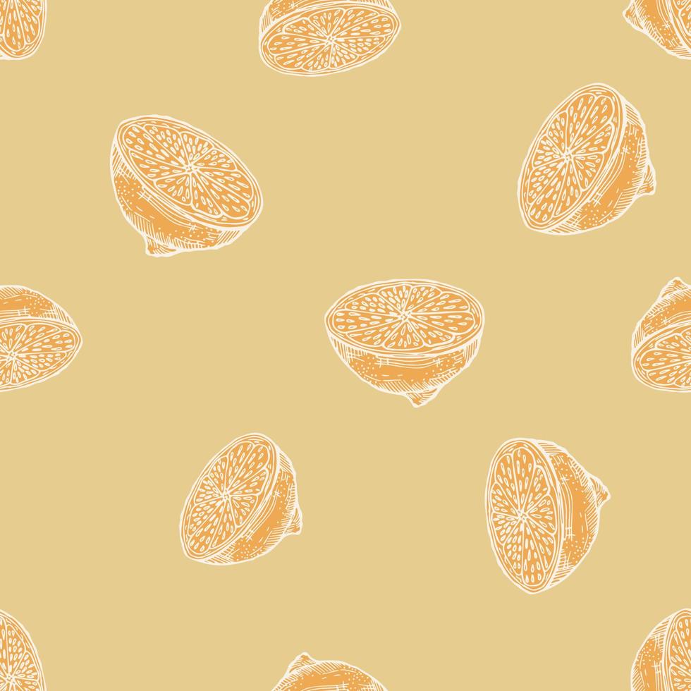 Seamless pattern lemon half engraving. Vintage background of citrus fruits in hand drawn style. vector
