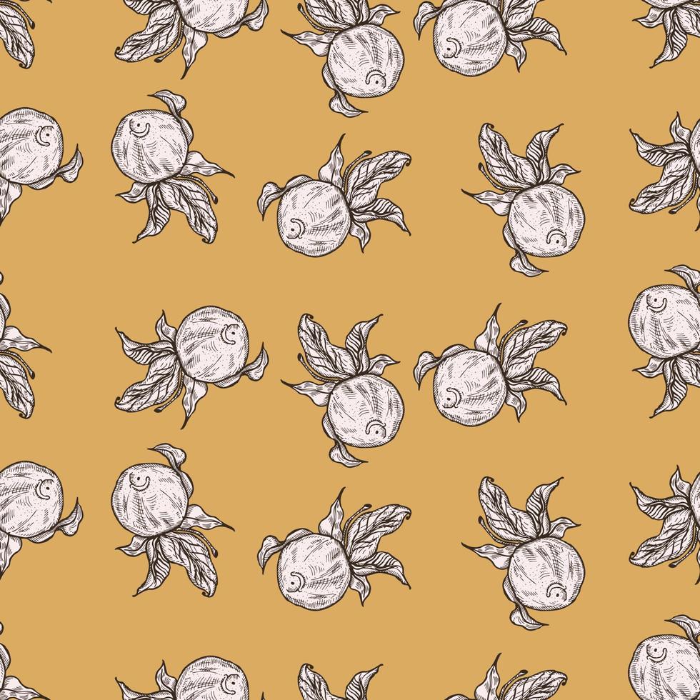 Seamless pattern engraved lemon on twig with leaves. Vintage background citrus fruit on branch in hand drawn style. vector