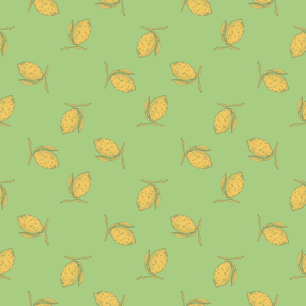 Seamless pattern lemon on branch with leaves engraving. Vintage background of citrus fruits in hand drawn style. vector