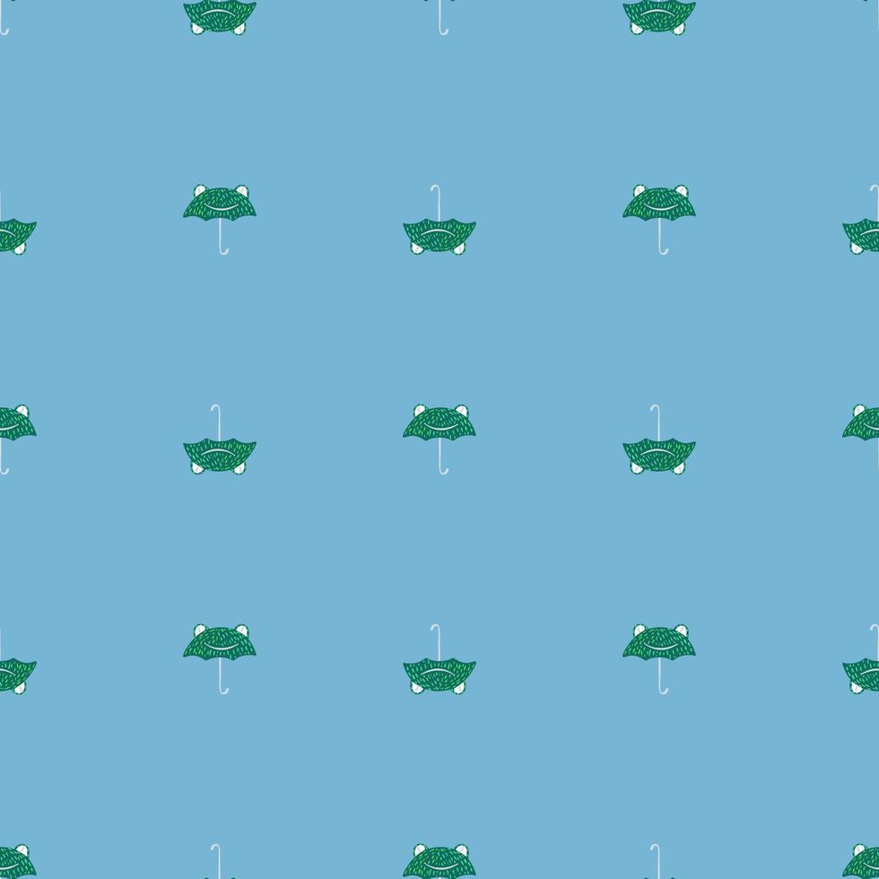 Seamless pattern cute frog umbrella. Background of funny accessory shape head toad in doodle style. vector