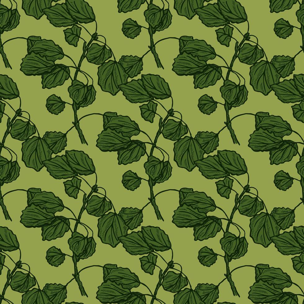 Seamless pattern engraved tree branches. Vintage background summer twigs in hand drawn style. vector