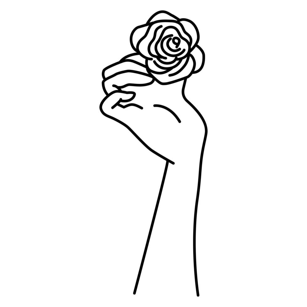 una mano con rosa, arte lineal simple e incompleto. un elemento decorativo. ilustración en blanco y negro de la mano de una mujer con flor. vector