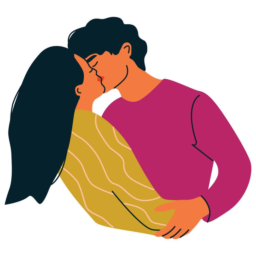 A romantic couple kissing and hugging. Vector illustration of man and woman in love. A concept of dating and sharing emotions.