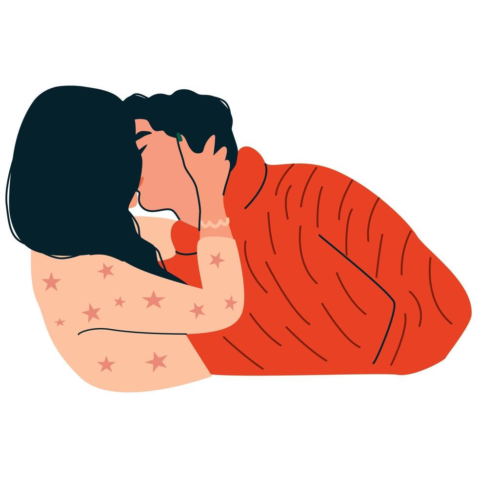 Man and woman kissing, romantic couple in love. Cuddling and hugging concept. Illustration of teenage lovers in colourful flat style. vector