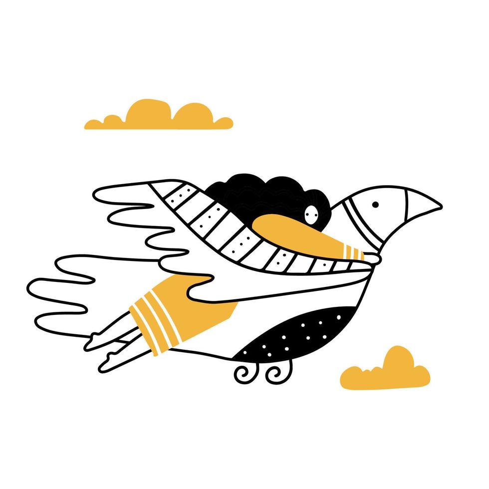 Girl riding on huge bird in the sky. Funny print design, freedom and women mental health concept. Dreaming methapthor. Doodle linear hand drawn illustration. Black and yellow on white vector