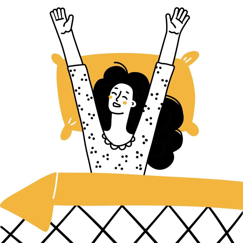 Woman wake up in the morning and stretching. The girl wakes up lying on her bed and smiles. Top view composition. Hand drawn doodle line style vector illustrations. Black and yellow on white