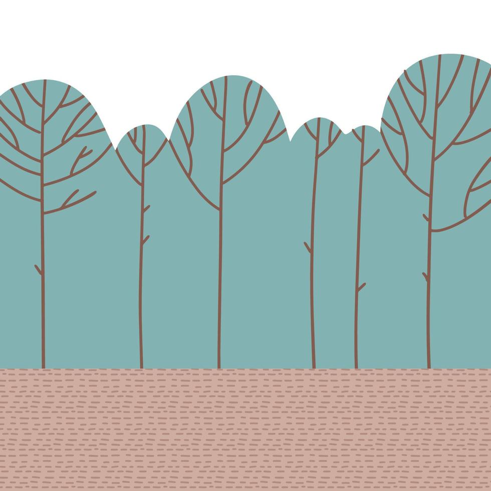 bosque con árboles foliares abstractos en estilo escandinavo dibujado a mano. Fondo de bosque de garabatos con espacio de copia. ilustración plana vectorial. vector