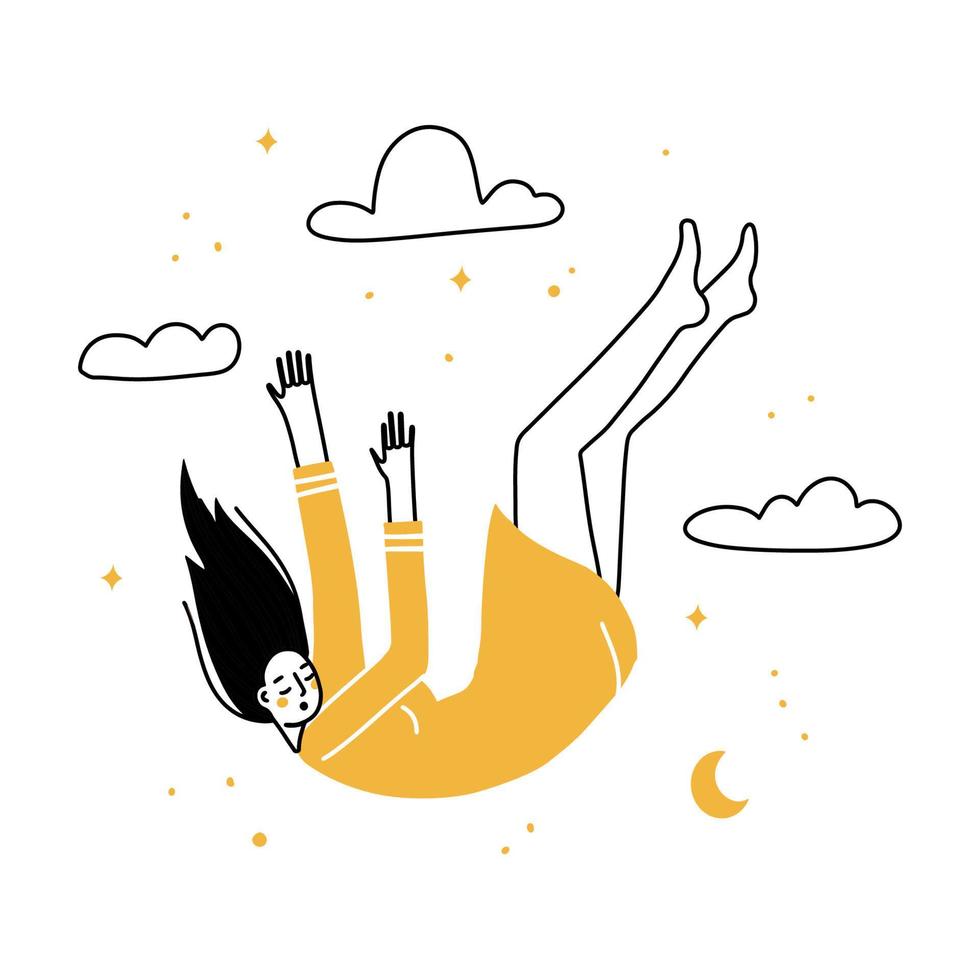 Female character falling down from thw sky. The concept of a personal crisis and loss of inner support. Mental health problem. Outline, thin line art, linear, doodle, hand drawn vector sketch design.