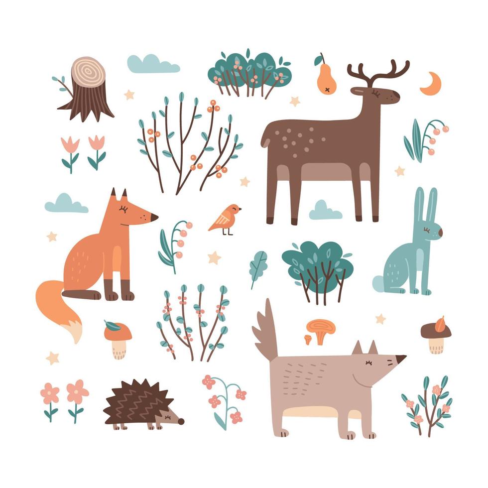 conjunto de lindos elementos del bosque - animales y árboles. ciervo, erizo, conejo, zorro, lobo, arbustos, flores y setas. ideal para baby shower y diseño infantil. ilustración vectorial infantil dibujada a mano. vector