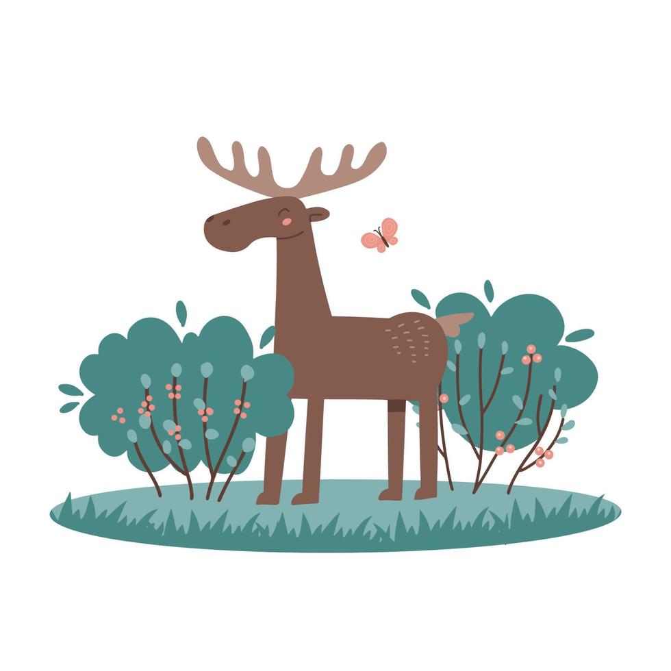 Cute moose character with antlers stands and grazes in the bushes isolated on white. Cartoon brown elk funny illustration. Flat woodland wild animal scandinavian vector clipart