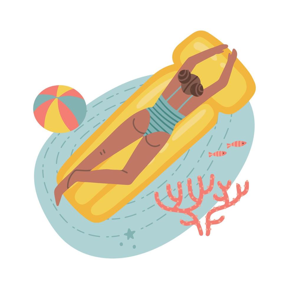 Tanned girl rest by sea. Cartoon female character swimming on yellow inflatable mattress. Girl wears swimsuit. Young traveler sunbathing at beach. Vector flat hand drawn summer vacation by seashore