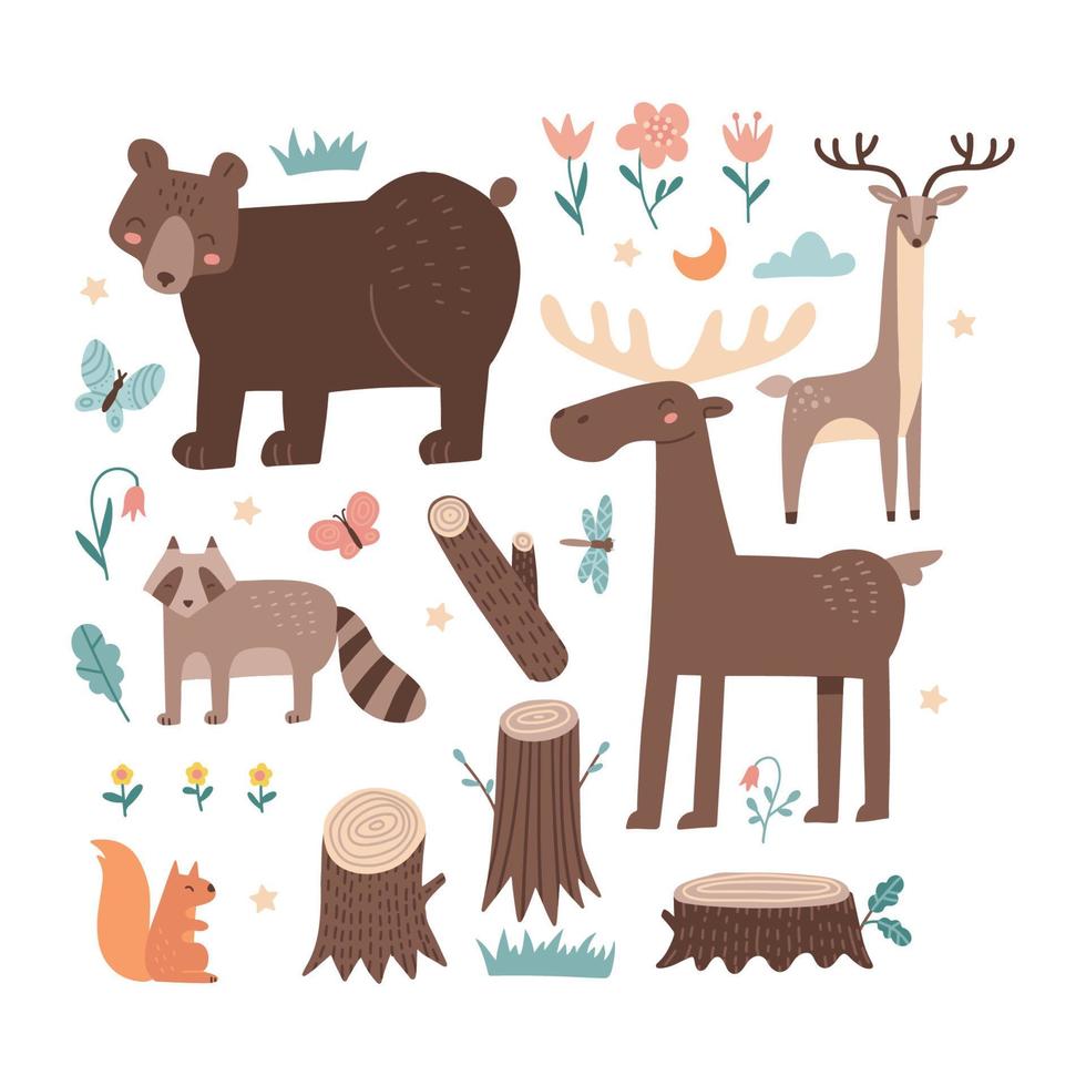 linda colección de imágenes prediseñadas de animales salvajes del bosque aislada en blanco. conjunto de elementos del bosque. concepto de estilo escandinavo para moda infantil, estampado textil, afiche, tarjeta. ilustración vectorial dibujada a mano. vector