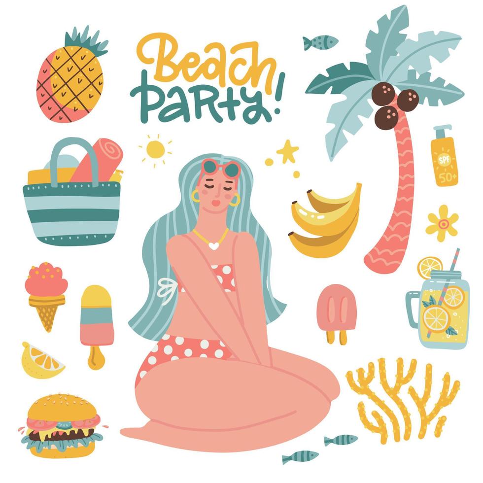 Set of cute summer elenets - wonab in bikini, palm, beach bag, coral, food, fruits, ice cream. Bright summertime collection of scrapbooking elements for beach party.Vector flat hand drawn illustration vector