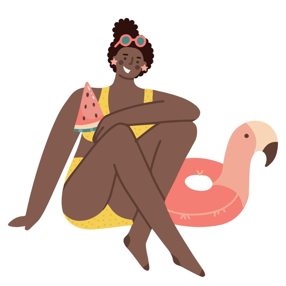 Pretty girl with black skin sitting on the beach near inflatable circle in the shape of a flamingo with a piece of watermelon in her hands. Flat vector illustration in modern trendy style