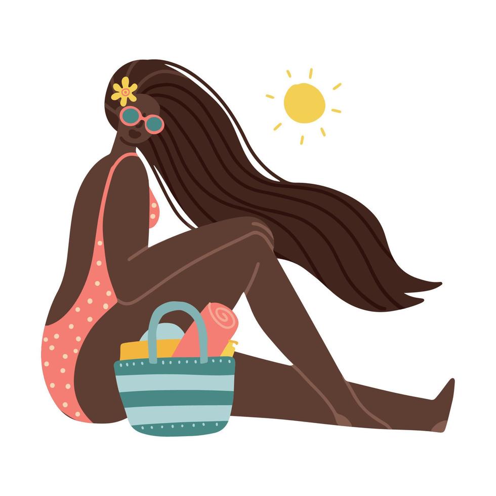 Black woman woman with long hair on the beach sitting under the sun. Woman in pink swimsuit tanning on vacation. Relaxing girl on sea weekend concept. Flat vector hand drawn illustration.