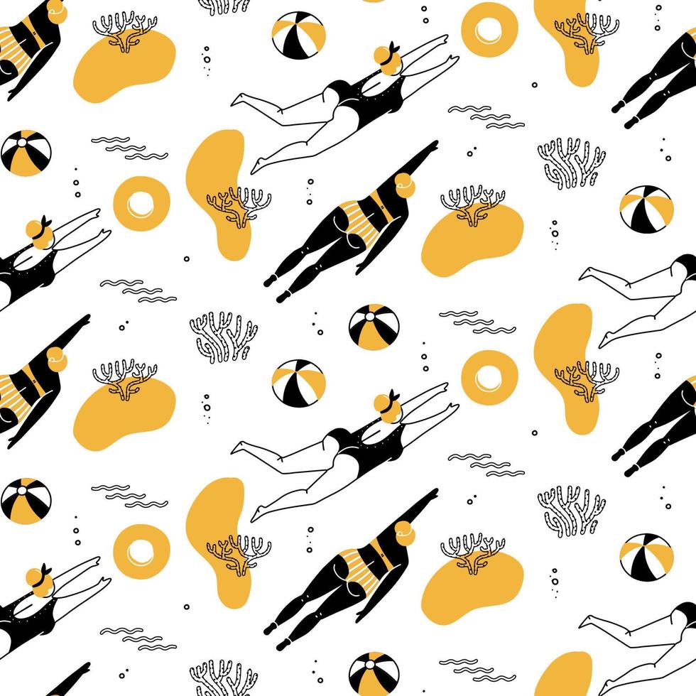 Seamless pattern of girls and women swimming on tropical sea with fishes and corals , top view. Doodle hand drawn black and white illustration vector