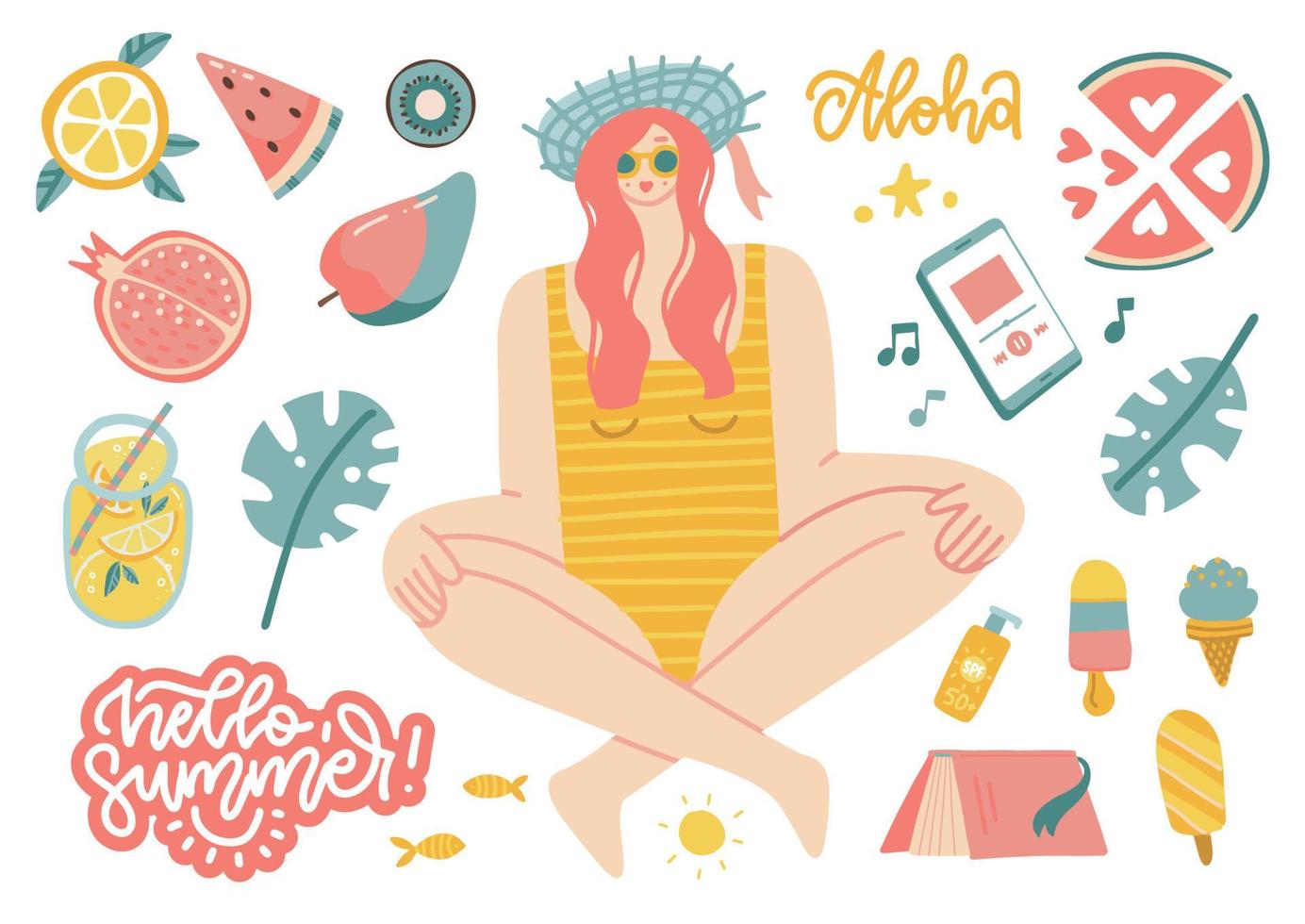 conjunto de verano de elementos de playa: hojas de plantas tropicales, frutas, helados, teléfono, libro, letras, linda mujer en traje de baño. ilustración aislada dibujada a mano plana vectorial. vector