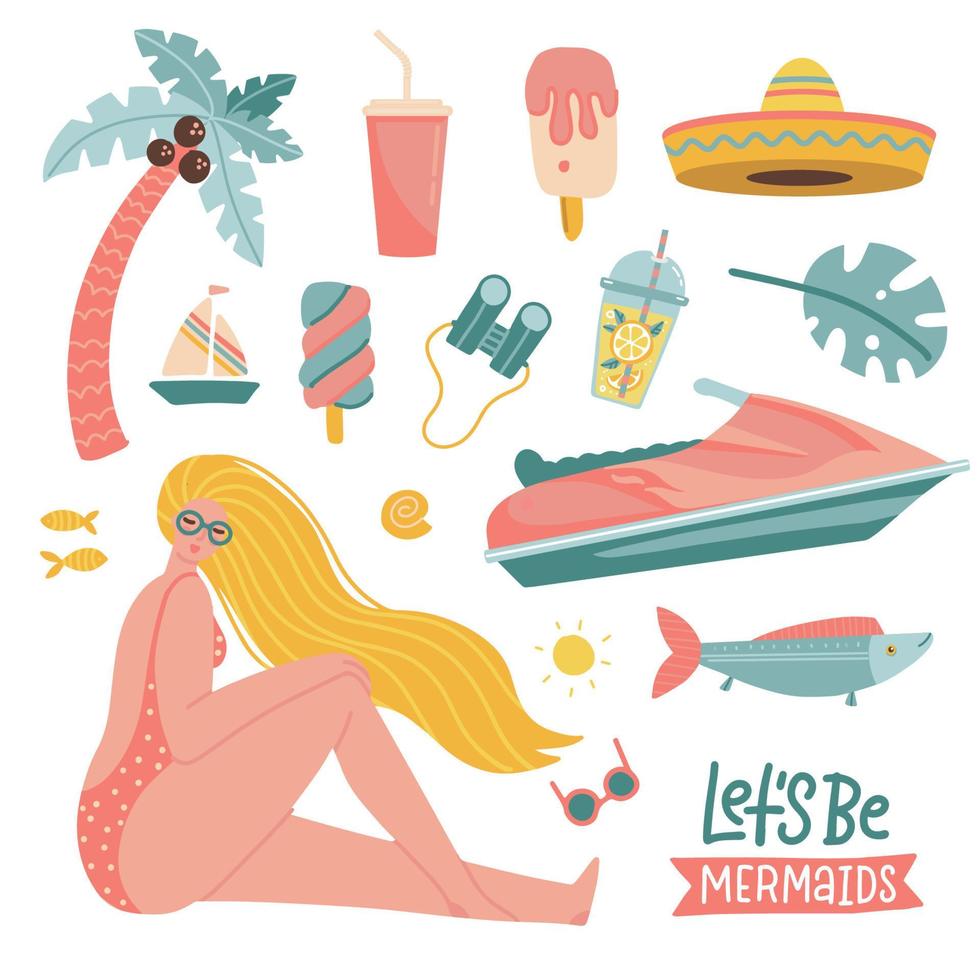 conjunto de elementos de playa y personaje de niña bonita. colección de verano con elementos de playa. elementos de verano planos dibujados a mano. hermosas chicas en trajes de baño y gafas de sol.ilustración vectorial vector