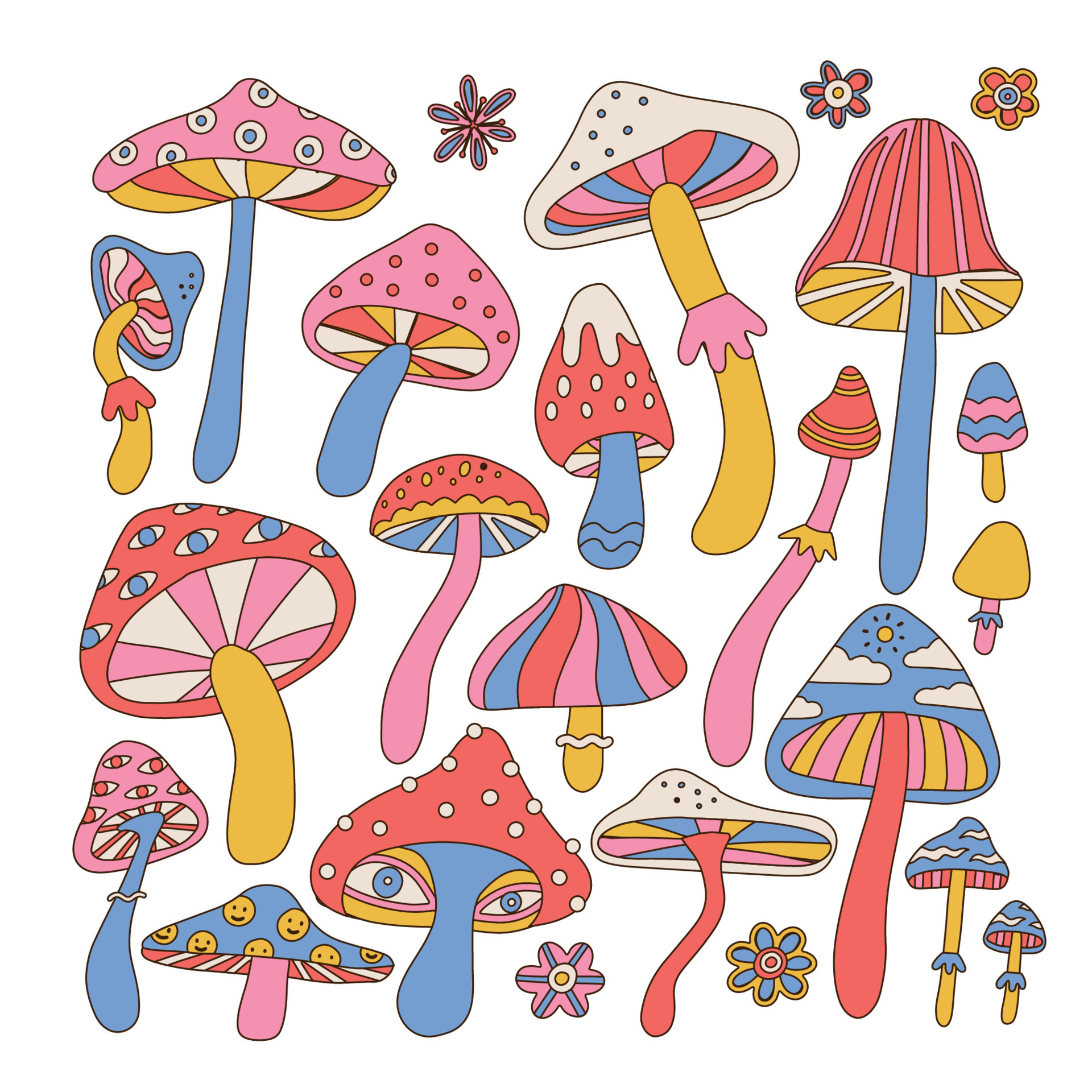 Set of stylizes hippie mushrooms. Summer psychedelic elemenst in 70s