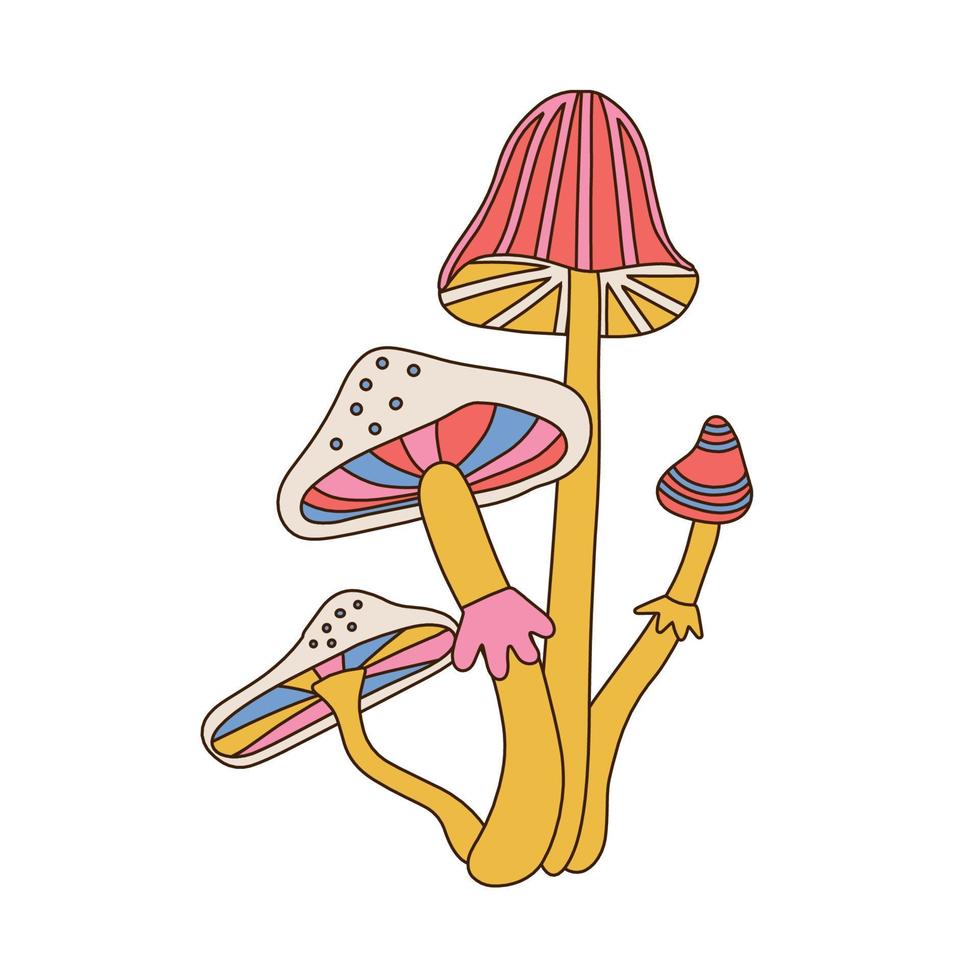 Icon of a rainbow mushrooms bunch in a linear style of 1970s. Vector hand drawn illustration of a fungus isolated on a white background