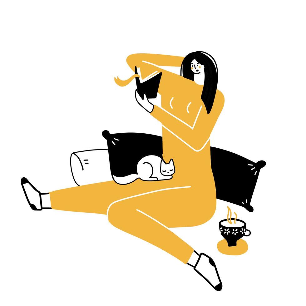 Cute woman in pajamas reading book on her bed comfortably with tea and cat. Book lover concept with girl sitting on pillows. Woman focusing on book in hands. Doodle hand drawn vector illustration.