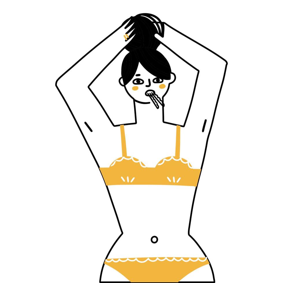 mujer joven con ropa interior haciendo bollo de pelo con horquillas. ilustración vectorial en diseño moderno y plano de memphis. garabato estilo dibujado a mano. vector