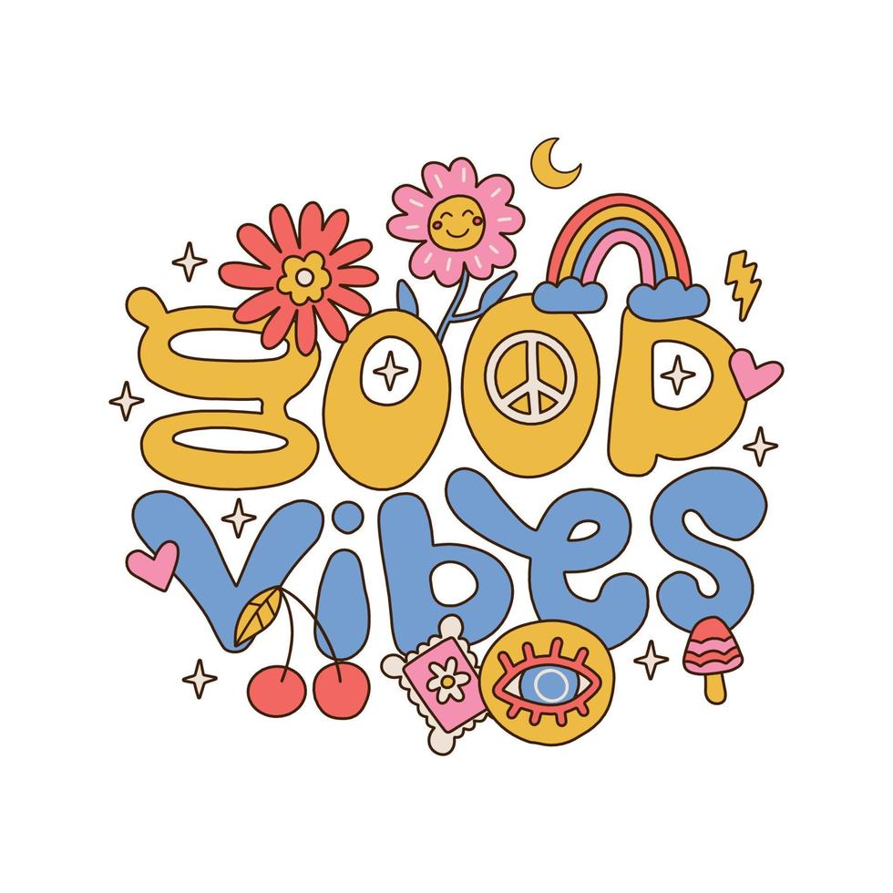 Hand written lettering Good Vibes in hippie style shape with piece sign, flowers, rainbow, cherry and mushroom. Retro style 70s isolated concept for poster,card. Linear hand drawn vector illustration.