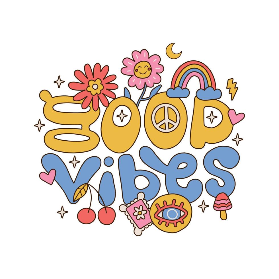 letras escritas a mano buenas vibraciones en forma de estilo hippie con letrero de pieza, flores, arco iris, cereza y champiñones. concepto aislado de estilo retro de los años 70 para póster, tarjeta. ilustración vectorial dibujada a mano lineal. vector