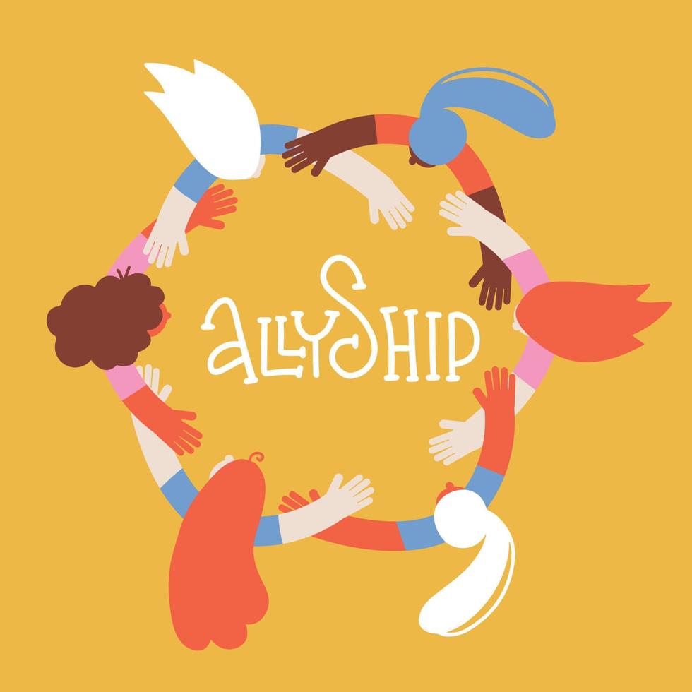 Group of female people in circle from diverse culture holding hands.Cooperation and teamwork.Community of friends or volunteers committed to social issues for peace and the environment.Top view vector