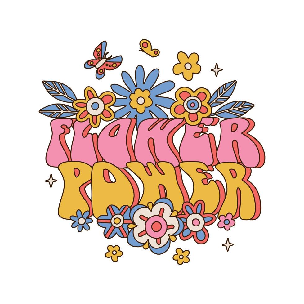 texto de letras flower power con concepto de margarita y mariposa. plantilla con símbolos florales aislado sobre fondo blanco. ilustración vectorial dibujada a mano para el diseño de impresión. vector