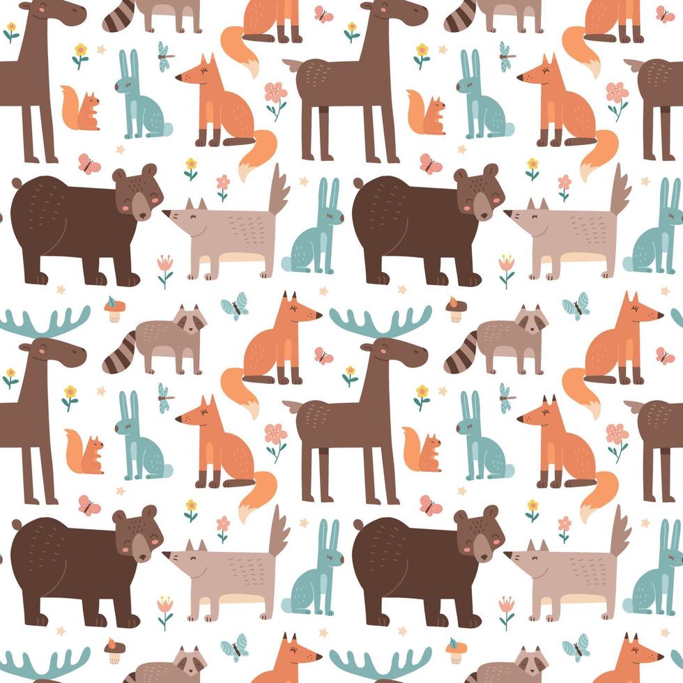 Seamless pattern with forest animals - bear, raccoon, fox, rabbit, wolf, moose. Flat hand drawn vector illistration.