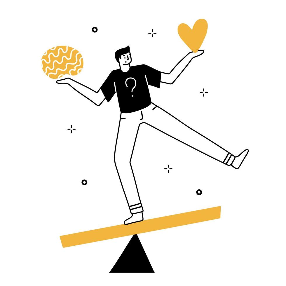 Man balancing between brain and heart on big scale. Emotions vs mind. Vector concept linear doodle hand drawn illustration. Black and yellow on white