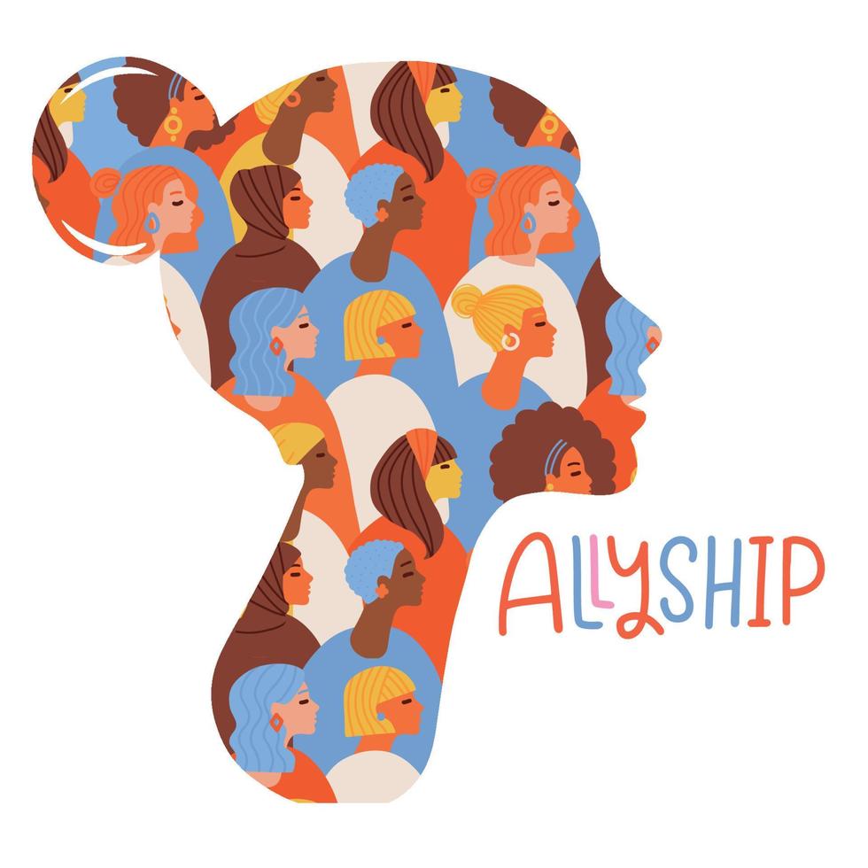 Female profile silhouette made of many multicultural women and girls. Allyship - lettering for community in social network. Pattern forming a woman head. Flat hand drawn vector illustration.