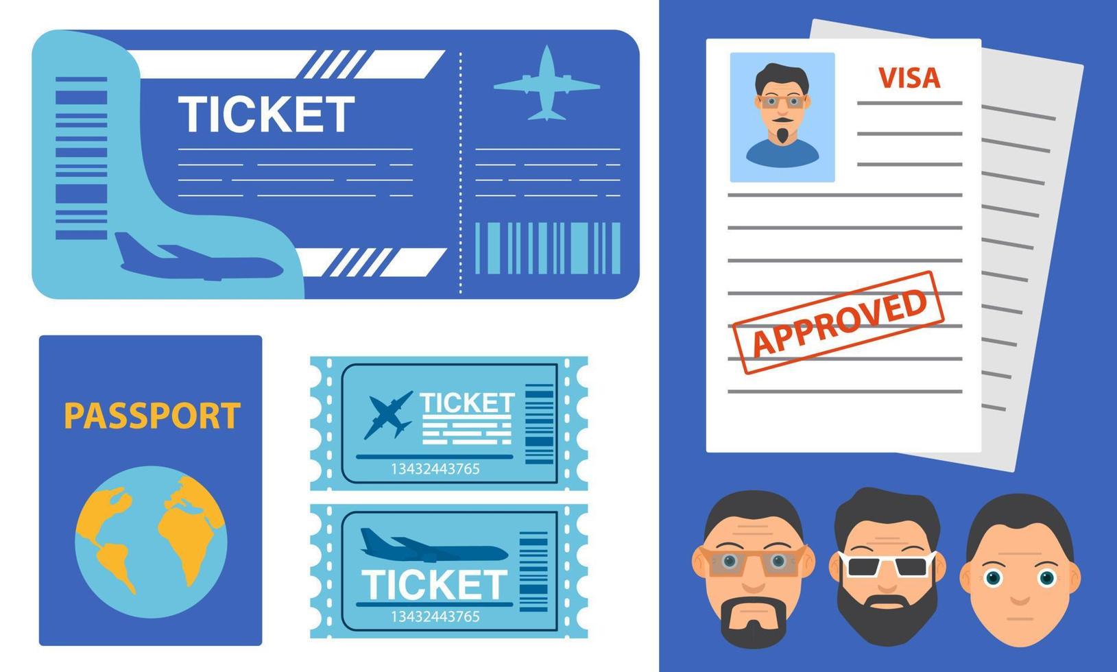 Airline ticket design.Flight tickets passenger plane.Passport or visa application.Cartoon characters of a man travel immigration.Visa stamping.Map of the planet earth.Vector flat illustration. vector