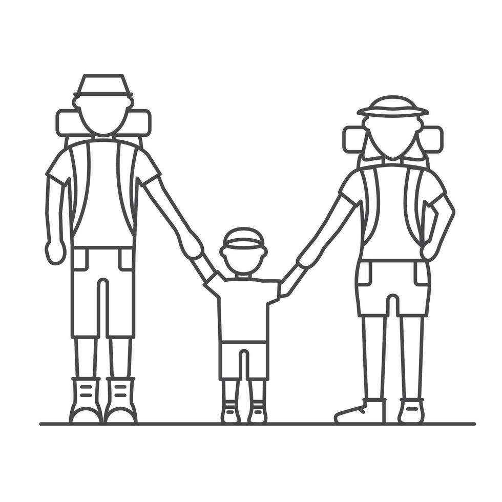 Family on a walk hikers traveling trekking father, mother and baby.Line art vector. vector