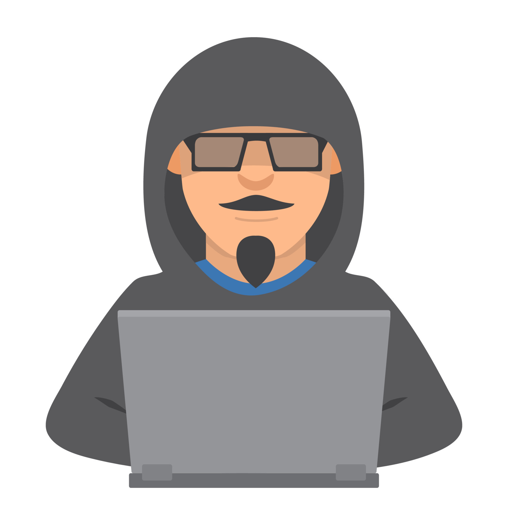 Computer Hacker With Laptop.criminal Steals Information.cartoon 