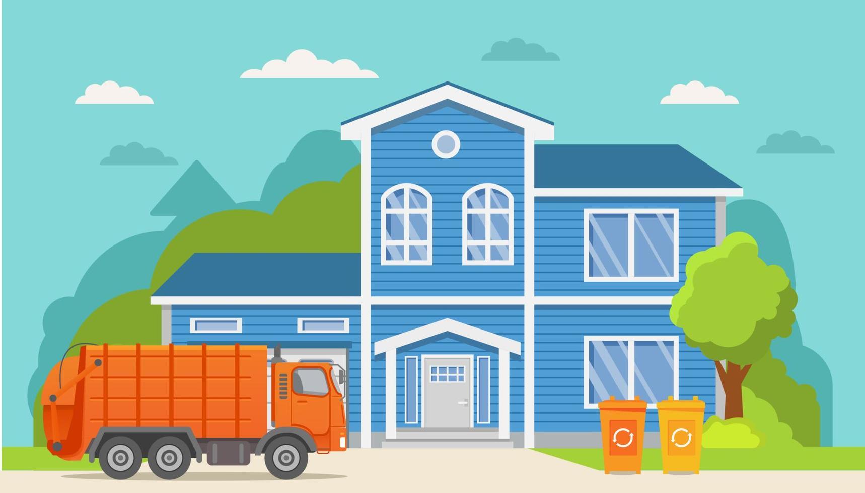 Garbage truck.Urban sanitary loader truck.Townhouse building.Garbage cans recycling.Vector flat illustration.Country private house. vector