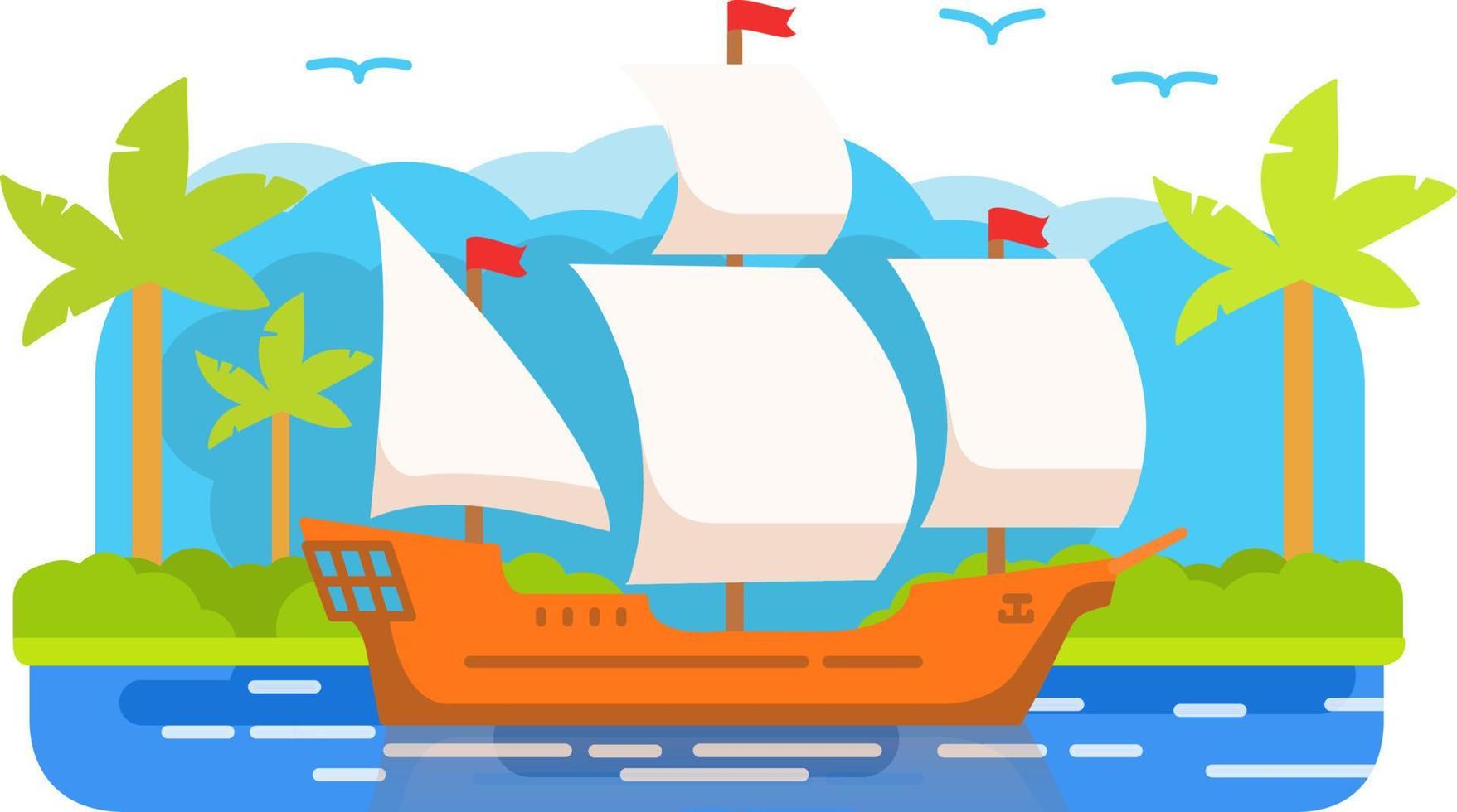 velero. paisaje marino de verano. la isla tropical con palmeras. galeón de madera. vector de ilustración plana.