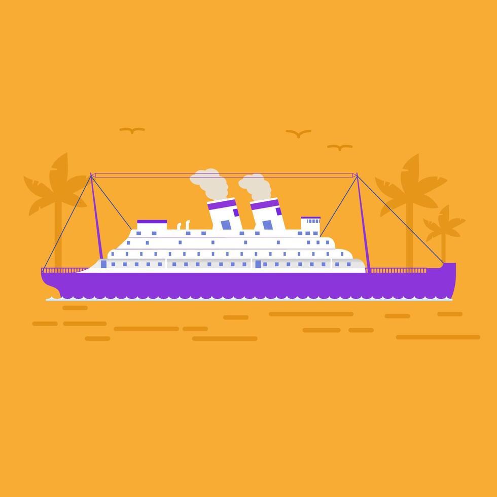 barco de crucero. isla tropical de una palmera. mar voyage.flat vector. concepto de banner. vacaciones de viaje de verano. vector