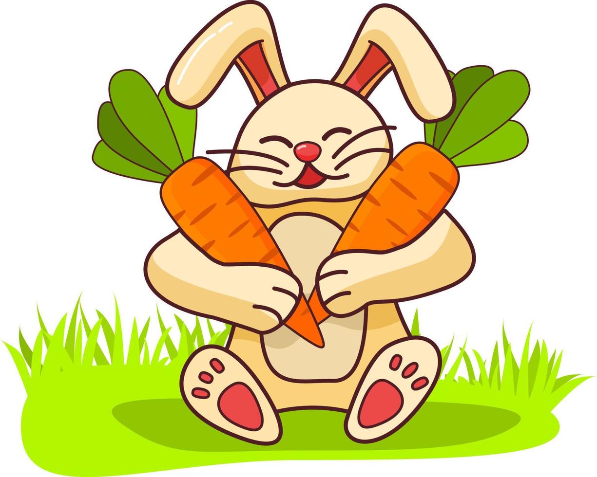 Happy rabbit is holding carrots. Animal hare with a harvest of vegetables on the grass. Flat children's illustration vector.Isolated on a white background. vector