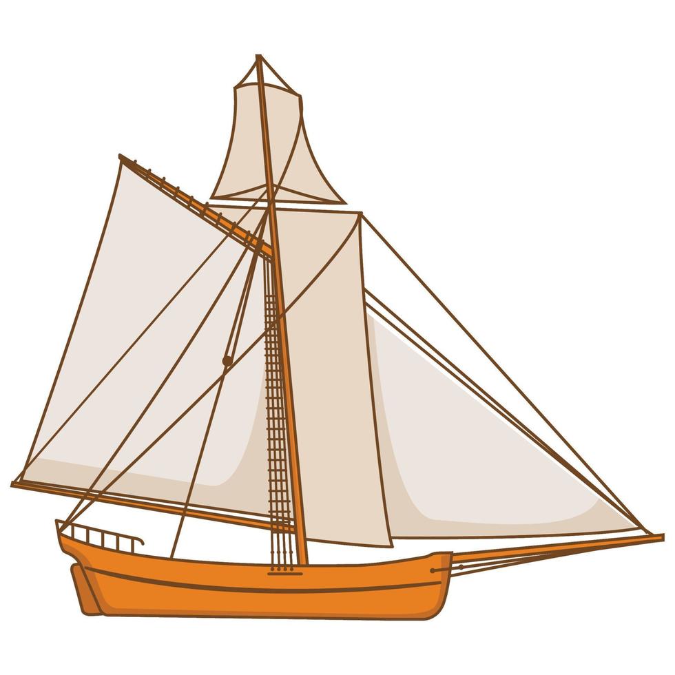Vintage ship wooden sailing boat. Flat line art vector. Sailing yacht. vector